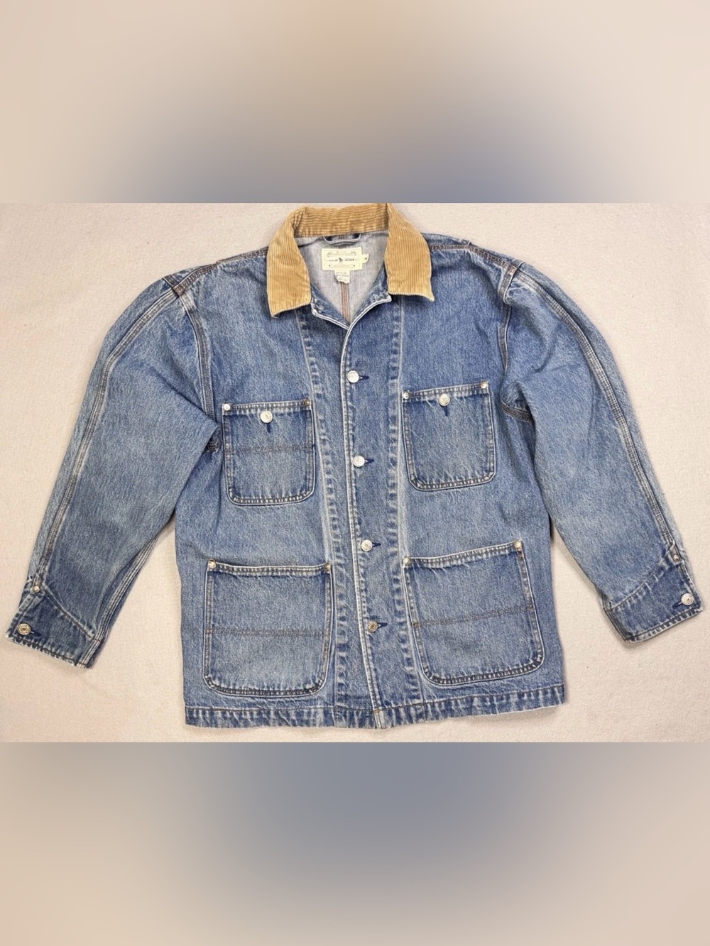 Vintage Ralph Lauren Mens Denim Chore Coat Jacket, Brown Corduroy Collar-Medium